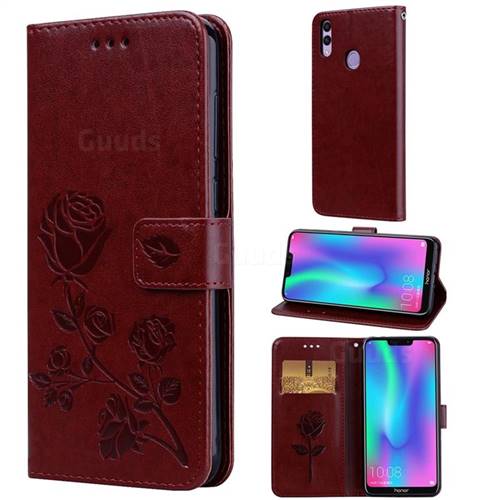 Embossing Rose Flower Leather Wallet Case for Huawei Honor 8C - Brown