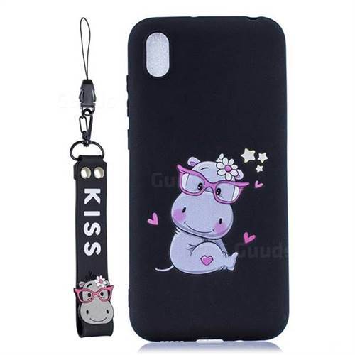 Black Flower Hippo Soft Kiss Candy Hand Strap Silicone Case for Huawei Honor 8S(2019)