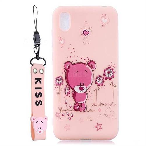 Pink Flower Bear Soft Kiss Candy Hand Strap Silicone Case for Huawei Honor 8S(2019)