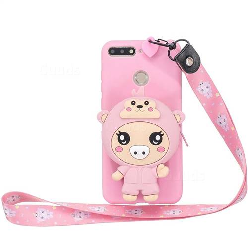 Pink Pig Neck Lanyard Zipper Wallet Silicone Case for Huawei Honor 8S(2019)