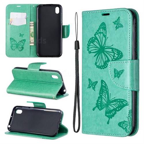 Embossing Double Butterfly Leather Wallet Case for Huawei Honor 8S(2019) - Green