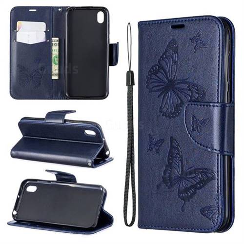 Embossing Double Butterfly Leather Wallet Case for Huawei Honor 8S(2019) - Dark Blue
