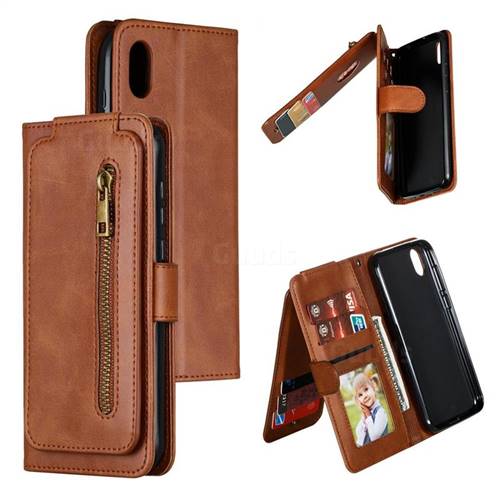 Multifunction 9 Cards Leather Zipper Wallet Phone Case for Huawei Honor 8S(2019) - Brown