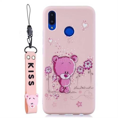Pink Flower Bear Soft Kiss Candy Hand Strap Silicone Case for Huawei Honor 8X