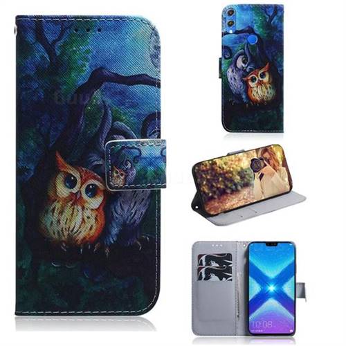 Oil Painting Owl PU Leather Wallet Case for Huawei Honor 8X