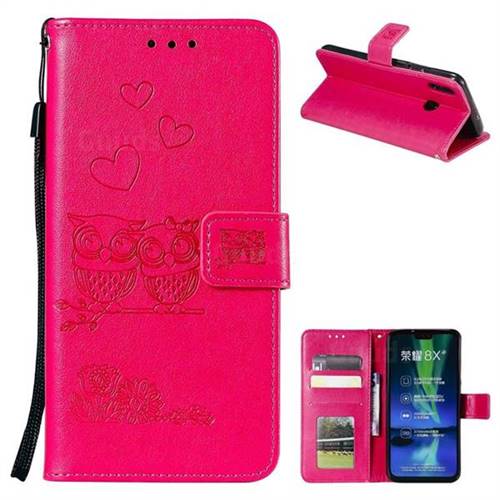 Embossing Owl Couple Flower Leather Wallet Case for Huawei Honor 8X - Red