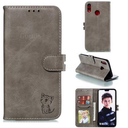 Embossing Happy Cat Leather Wallet Case for Huawei Honor 8X - Gray