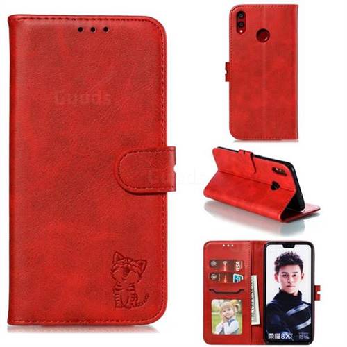 Embossing Happy Cat Leather Wallet Case for Huawei Honor 8X - Red
