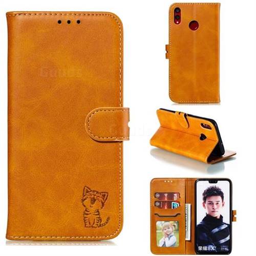 Embossing Happy Cat Leather Wallet Case for Huawei Honor 8X - Yellow