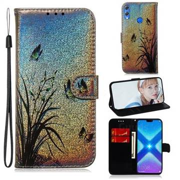 Butterfly Orchid Laser Shining Leather Wallet Phone Case for Huawei Honor 8X