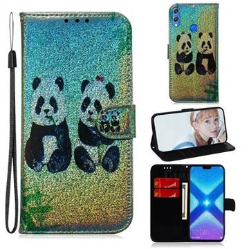 Two Pandas Laser Shining Leather Wallet Phone Case for Huawei Honor 8X
