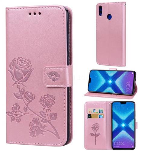 Embossing Rose Flower Leather Wallet Case for Huawei Honor 8X - Rose Gold