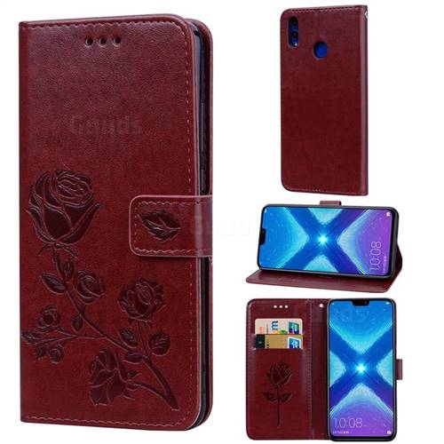 Embossing Rose Flower Leather Wallet Case for Huawei Honor 8X - Brown