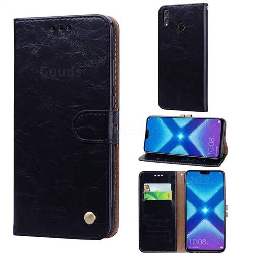 Luxury Retro Oil Wax PU Leather Wallet Phone Case for Huawei Honor 8X - Deep Black