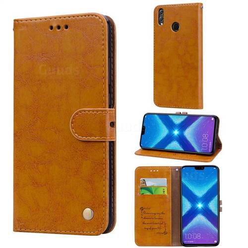 Luxury Retro Oil Wax PU Leather Wallet Phone Case for Huawei Honor 8X - Orange Yellow