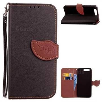 Leaf Buckle Litchi Leather Wallet Phone Case for Huawei Honor 9 - Black