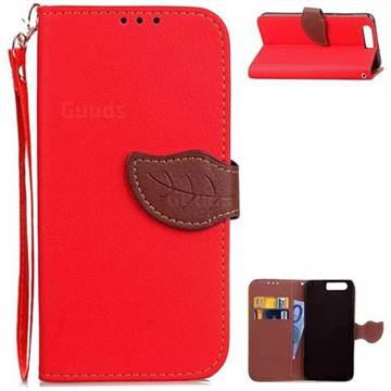 Leaf Buckle Litchi Leather Wallet Phone Case for Huawei Honor 9 - Red