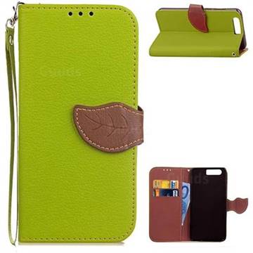 Leaf Buckle Litchi Leather Wallet Phone Case for Huawei Honor 9 - Green