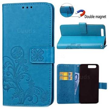 Embossing Imprint Four-Leaf Clover Leather Wallet Case for Huawei Honor 9 - Blue