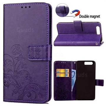 Embossing Imprint Four-Leaf Clover Leather Wallet Case for Huawei Honor 9 - Purple