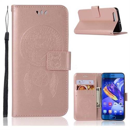 Intricate Embossing Owl Campanula Leather Wallet Case for Huawei Honor 9 - Rose Gold