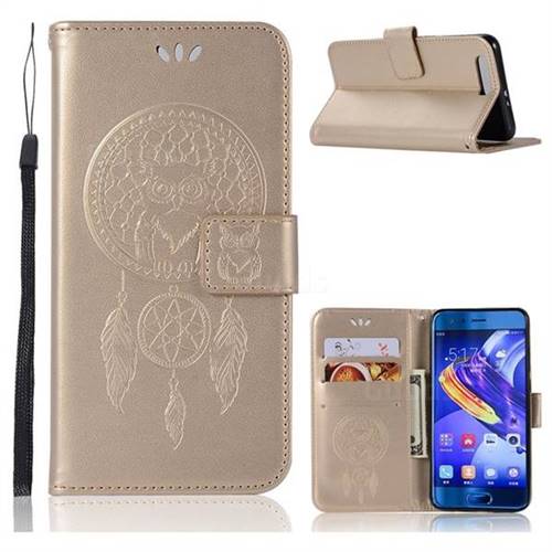Intricate Embossing Owl Campanula Leather Wallet Case for Huawei Honor 9 - Champagne