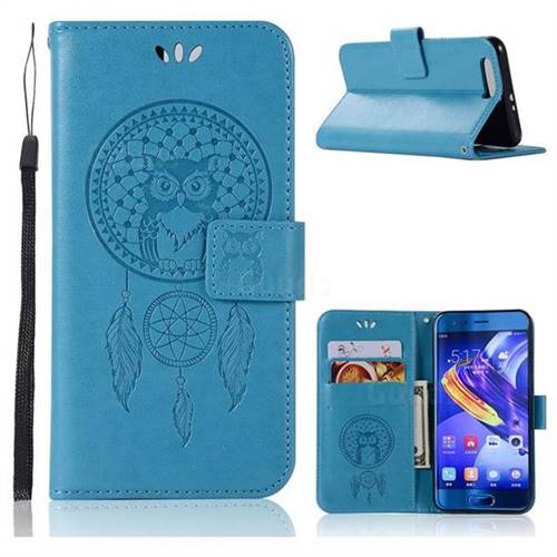 Intricate Embossing Owl Campanula Leather Wallet Case for Huawei Honor 9 - Blue