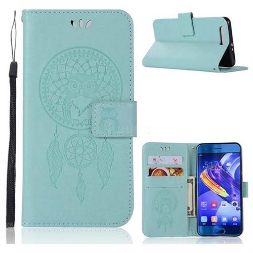 Intricate Embossing Owl Campanula Leather Wallet Case for Huawei Honor 9 - Green