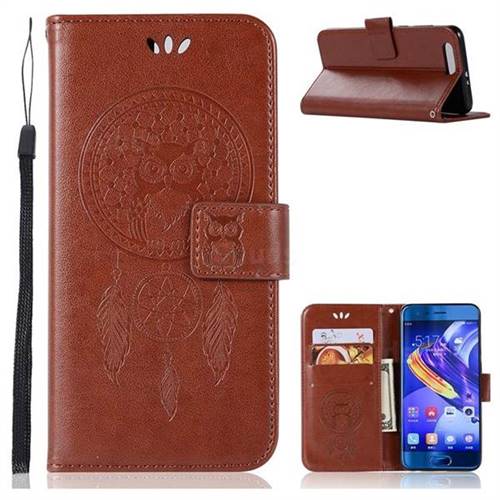 Intricate Embossing Owl Campanula Leather Wallet Case for Huawei Honor 9 - Brown