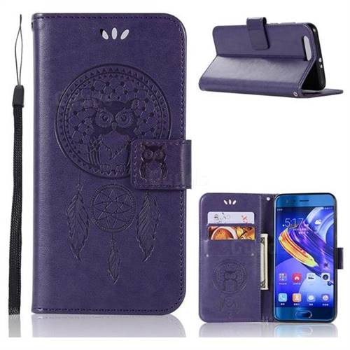 Intricate Embossing Owl Campanula Leather Wallet Case for Huawei Honor 9 - Purple
