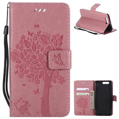 Embossing Butterfly Tree Leather Wallet Case for Huawei Honor 9 - Pink
