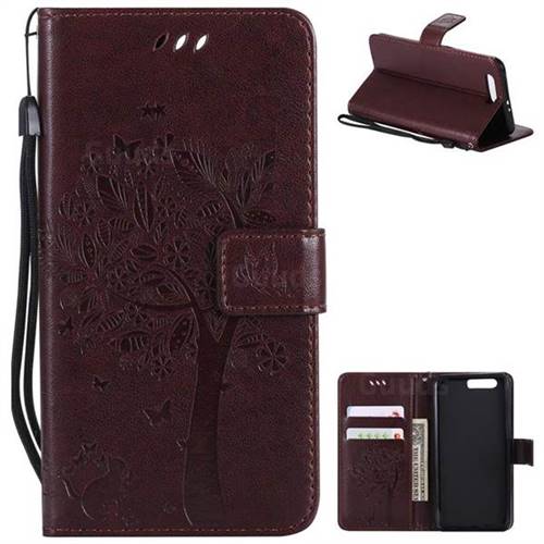 Embossing Butterfly Tree Leather Wallet Case for Huawei Honor 9 - Coffee