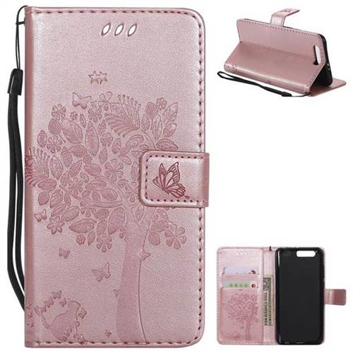 Embossing Butterfly Tree Leather Wallet Case for Huawei Honor 9 - Rose Pink
