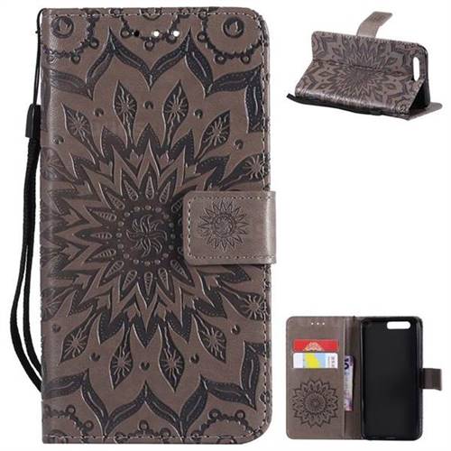 Embossing Sunflower Leather Wallet Case for Huawei Honor 9 - Gray