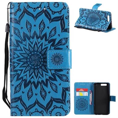 Embossing Sunflower Leather Wallet Case for Huawei Honor 9 - Blue
