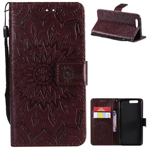 Embossing Sunflower Leather Wallet Case for Huawei Honor 9 - Brown