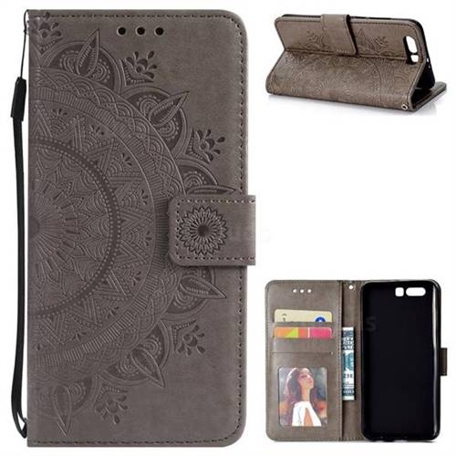 Intricate Embossing Datura Leather Wallet Case for Huawei Honor 9 - Gray