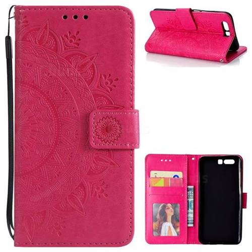 Intricate Embossing Datura Leather Wallet Case for Huawei Honor 9 - Rose Red