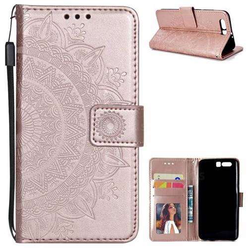 Intricate Embossing Datura Leather Wallet Case for Huawei Honor 9 - Rose Gold