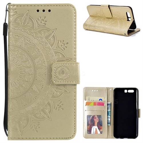 Intricate Embossing Datura Leather Wallet Case for Huawei Honor 9 - Golden