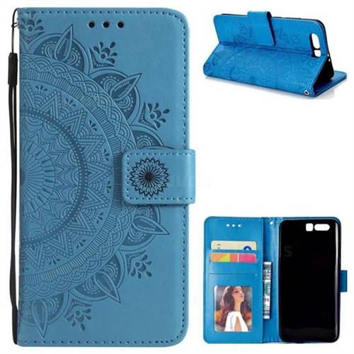 Intricate Embossing Datura Leather Wallet Case for Huawei Honor 9 - Blue