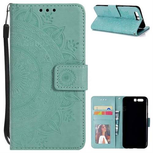 Intricate Embossing Datura Leather Wallet Case for Huawei Honor 9 - Mint Green