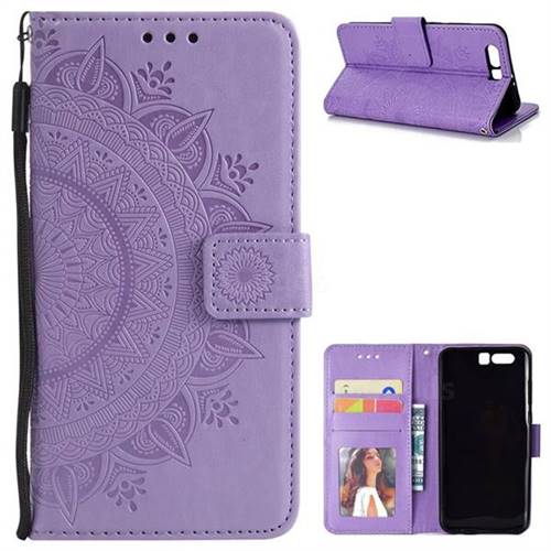 Intricate Embossing Datura Leather Wallet Case for Huawei Honor 9 - Purple