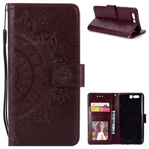 Intricate Embossing Datura Leather Wallet Case for Huawei Honor 9 - Brown