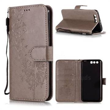 Intricate Embossing Dandelion Butterfly Leather Wallet Case for Huawei Honor 9 - Gray