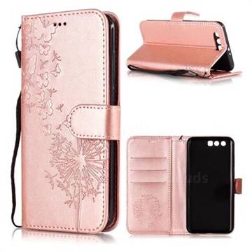 Intricate Embossing Dandelion Butterfly Leather Wallet Case for Huawei Honor 9 - Rose Gold