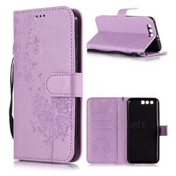 Intricate Embossing Dandelion Butterfly Leather Wallet Case for Huawei Honor 9 - Purple