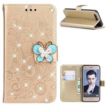 Embossing Butterfly Circle Rhinestone Leather Wallet Case for Huawei Honor 9 - Champagne