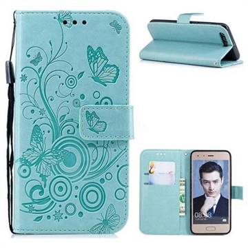 Intricate Embossing Butterfly Circle Leather Wallet Case for Huawei Honor 9 - Cyan