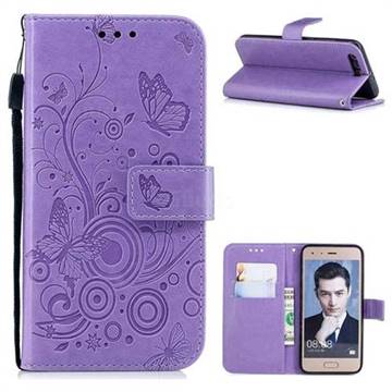 Intricate Embossing Butterfly Circle Leather Wallet Case for Huawei Honor 9 - Purple